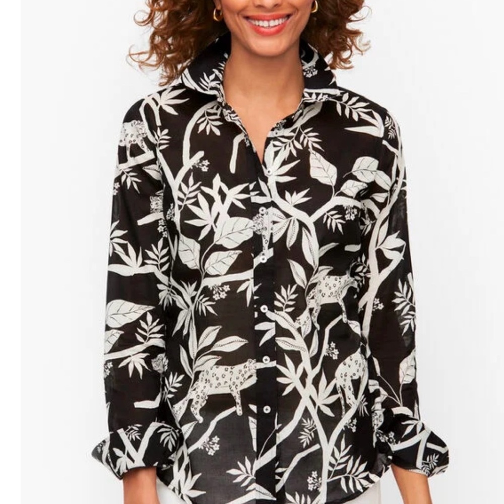 Talbots NWT Tropical Panther Cotton Collared Button Front Blouse Sz P